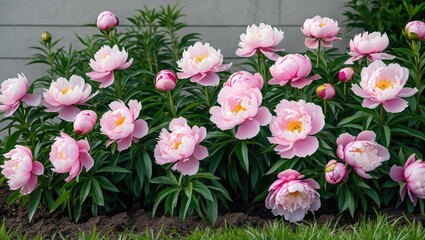 Vibrant Pink Peonies Blossoming in Summer Flowerbed Surrounded by Lush Green Foliage and Soft Gray Wall for Garden Aesthetics and Landscaping.