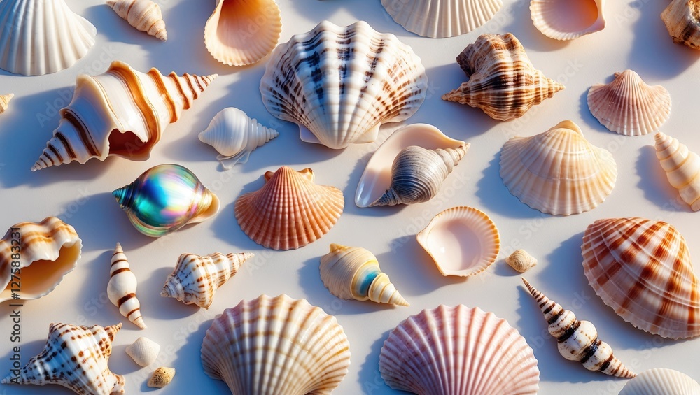 Poster vibrant collection of various seashells isolated on white background with ample copy space for text 