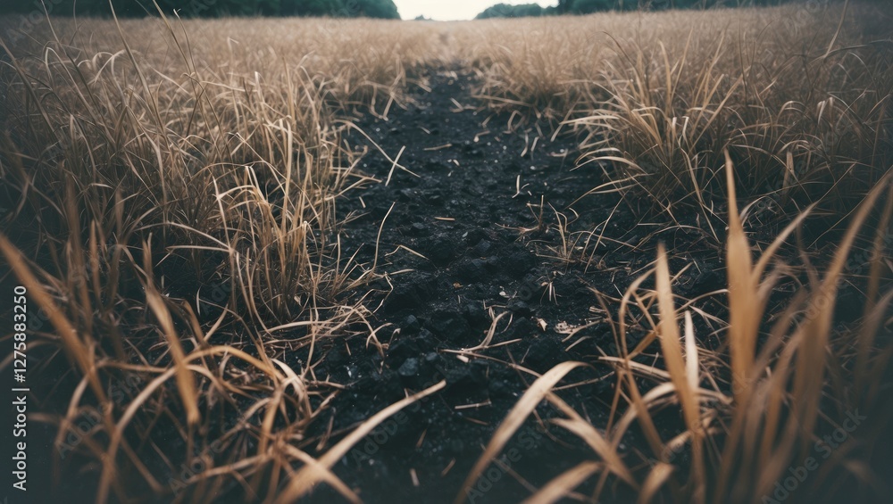 Poster burnt grass field with dark soil and empty copy space for environmental awareness or text placement