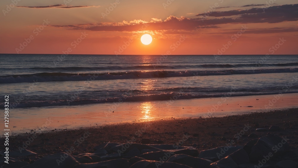 Poster tranquil sunset over beach with reflections and low tide wide open space for text ideal for summer t