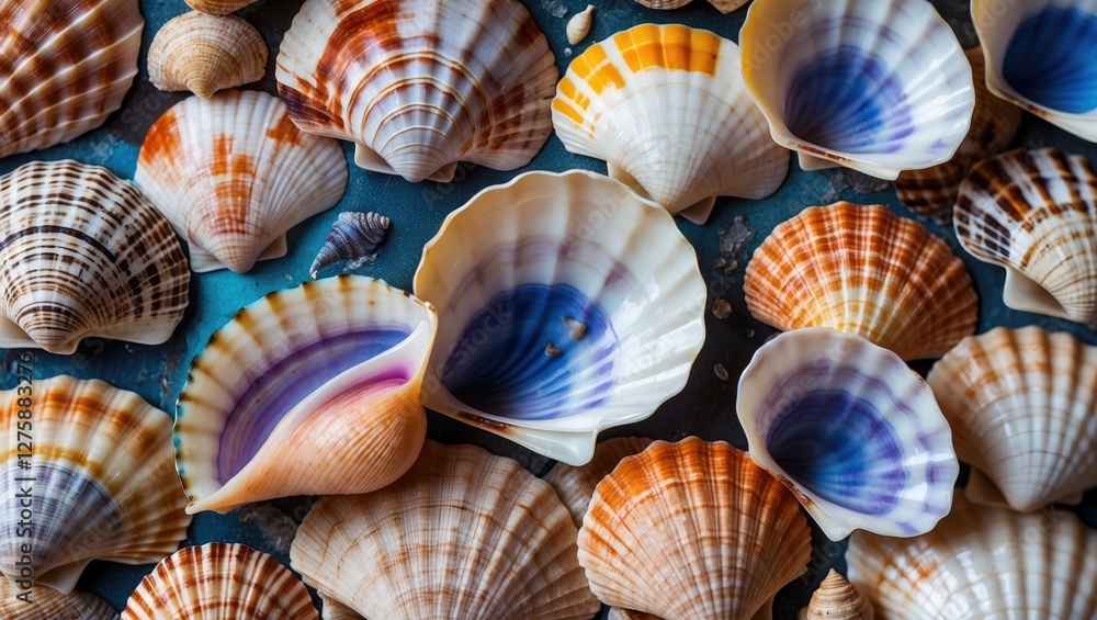 Poster colorful assortment of mollusk shells creating a vibrant marine texture perfect for backgrounds and 
