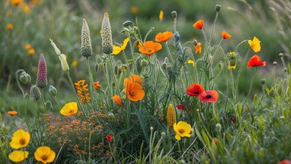Colorful Wildflowers Including Corn Marigold Poppies Blooming in Green Grass of a Conservation Area in Springtime Nature Scene