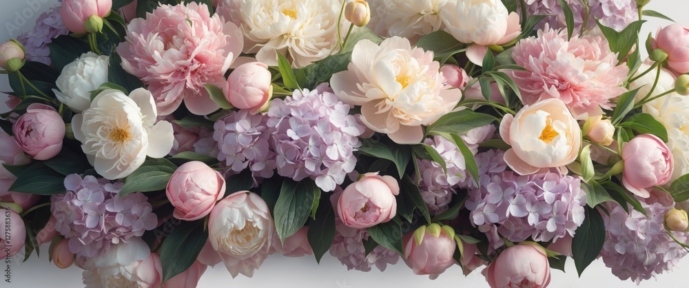 Poster floral arrangement with mixed blooms in soft pastels creating an elegant background with copy space 