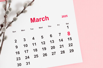 International Women's Day. March 8, 2025 highlighted on a calendar sheet on a pink background with fluffy willow flowers. Flat lay.