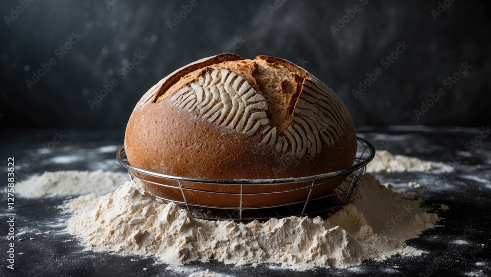 Poster whole grain round bread in a proofing basket on a flour-dusted surface with a dark background and am