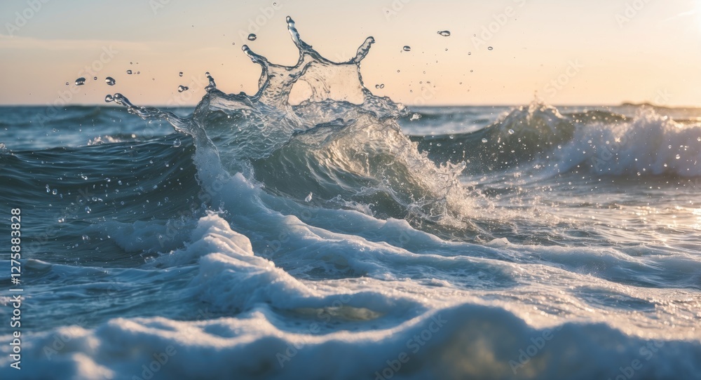 Poster dynamic ocean waves capturing splashes and foam in long exposure with soft light and clear space for