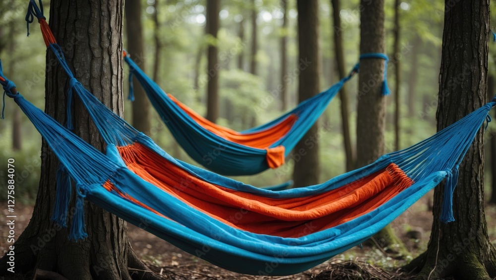Aufkleber two colorful hammocks suspended between trees in a serene forest setting perfect for relaxation and 