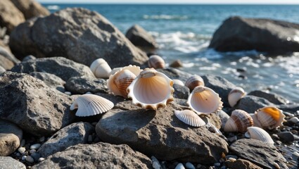 Seashells on Rocky Beach with Tranquil Ocean Background and Blank Space for Custom Text