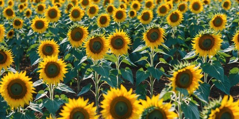 Vibrant sunflowers in a cultivated field under bright sunlight with ample space for text and editorial use in advertisements or promotions.
