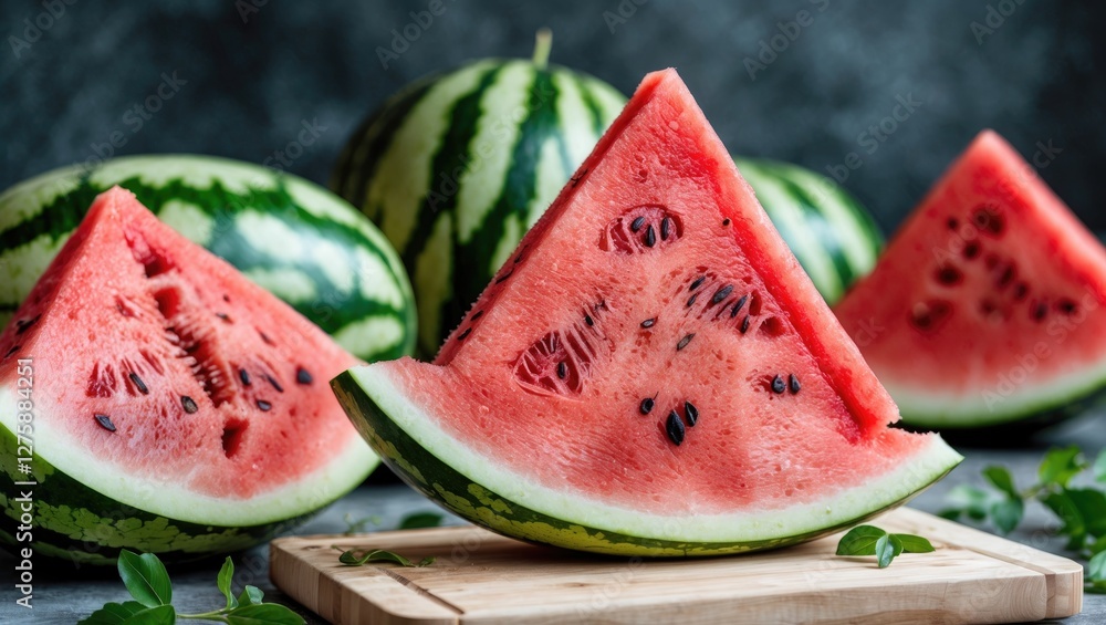 Poster fresh watermelon slices in triangle and cube shapes on wooden board with space for text background
