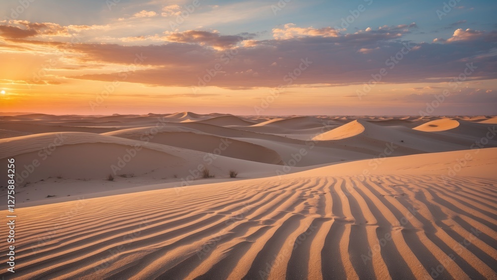Poster serene sunset over sand dunes with wind patterns in the desert landscape empty space for text in a w