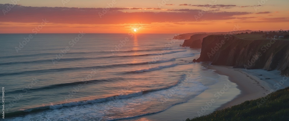 Poster serene sunset over ocean with cliffside landscape and tranquil waves, ideal for custom text insertio