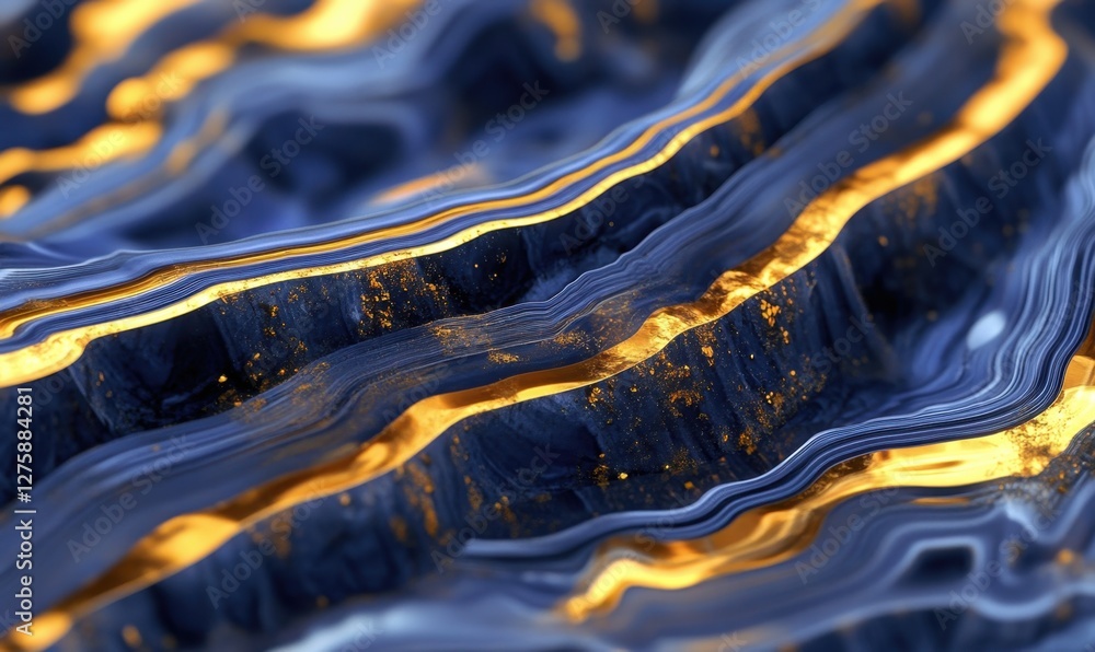 Poster abstract close-up of undulating blue and gold waves, creating a mesmerizing texture in a digital lan