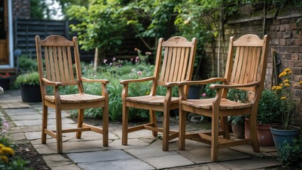 Obraz premium Elegant Wooden Garden Chairs Set Amidst Lush Greenery and Colorful Flowers in Outdoor Patio Environment