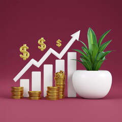 Financial Growth Success: 3D Money Investment Chart Business Prosperity Plant Minimal Design
