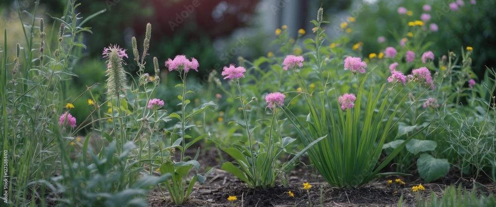 Poster colorful flowering plants and weeds in a garden bed with a blurred background and empty space for te