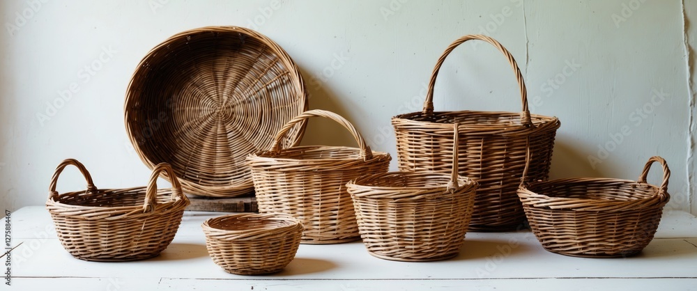 Poster collection of wicker baskets arranged elegantly on white background with ample space for text and de