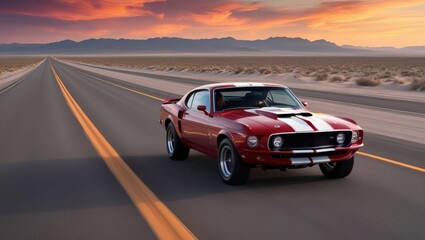 Vintage Red Mustang on Open Road: A classic red vintage Mustang cruises down a long, straight road towards a stunning sunset, symbolizing freedom and the open road.