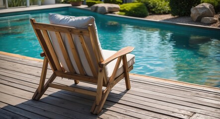 Obraz premium Serene Wooden Chair Overlooking Calm Pool Water Surrounded By Lush Greenery On A Bright Sunny Day Relaxing Outdoor Atmosphere