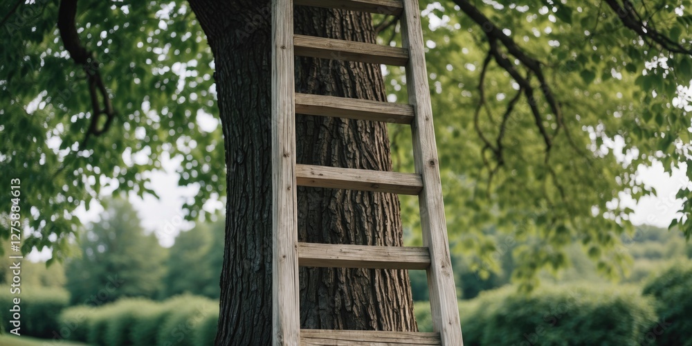 Poster wooden ladder leaning against tree surrounded by greenery with blank space for text or graphics