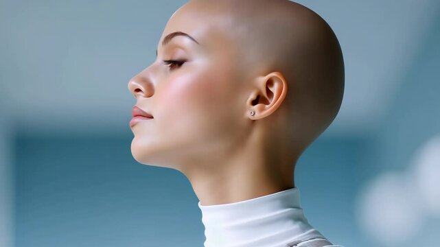 A woman with a shaved head stands in front of a white wall