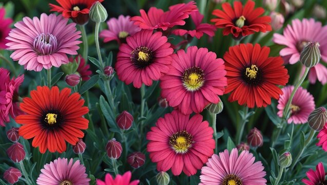 Vibrant display of red and pink Barben Dasy flowers in bloom, showcasing their beauty in a garden setting with ample empty copy space for text.