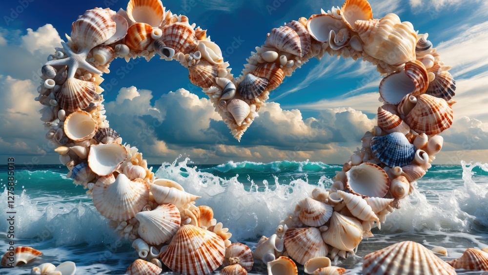 Poster romantic heart shaped arrangement of colorful seashells on a beach with waves and cloudy sky ideal f