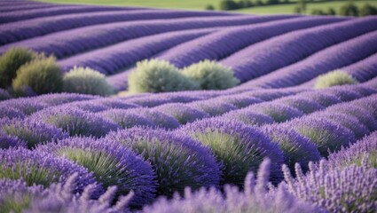 Obraz premium Lush Wavy Lavender Fields in Full Bloom Showcasing Vibrant Purple Blooms Under Clear Blue Skies in a Serene Landscape Setting