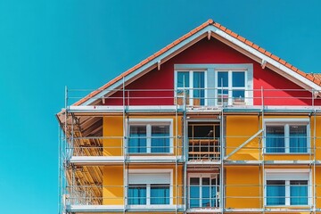 Bright yellow and red house under construction, fully scaffolded. Illustrates home renovation, construction, or real estate development.