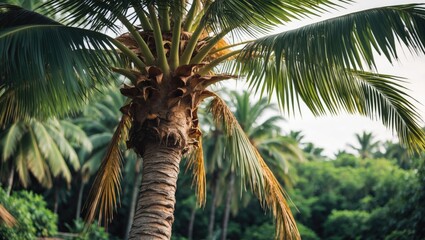 Majestic close-up of a palm tree surrounded by lush greenery with ample copy space, evoking a tropical paradise atmosphere.
