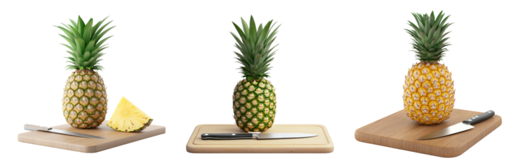 Fresh Pineapple on Cutting Board with Kitchen Knife Isolated on transparent background