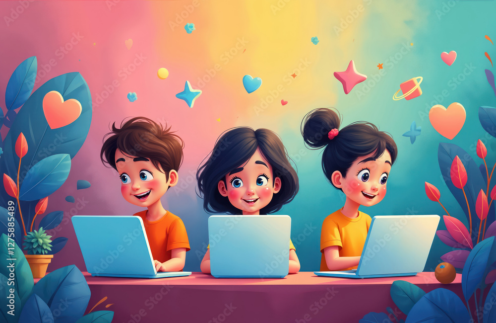 Poster three happy kids using laptops with social media icons. colorful vibrant environment. digital learni
