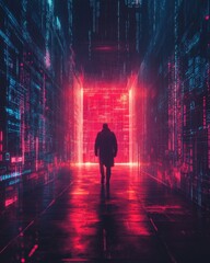 Obraz premium A lone figure walks through a vibrant, illuminated digital corridor.