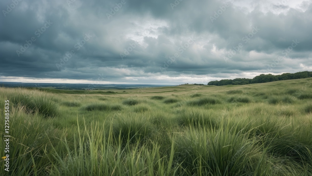 Poster serene grass landscape under a cloudy sky creating a tranquil atmosphere with ample copy space for t