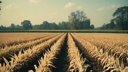 Vast Cornfield Rows with Distant Trees Under a Clear Sky in the Countryside Providing Ample Space for Textual Overlay