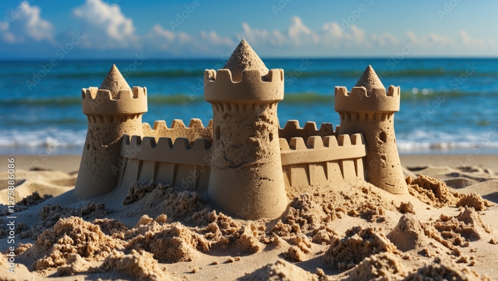 Poster sandcastle on beach during summer with ocean in background providing space for text or messages abou