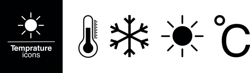 Temperatures icon set. Temperature scale symbol. Vector illustration. Thermometer vector icons with sun and snowflake.