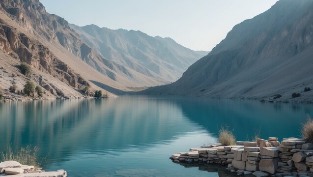 Serene Ratti Gali Lake in Neelum Valley surrounded by majestic mountains and clear blue waters with ample empty space for text overlay.