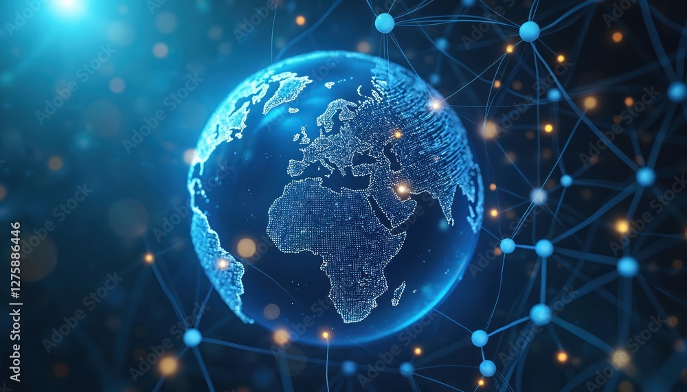 Aufkleber Blue globe with continents consisting of small dots surrounded by network of lines and nodes. Digital tech background concept of global internet connection.