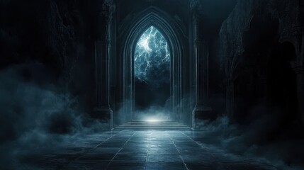 Mysterious dark archway leading to a stormy sky, creates an eerie yet captivating atmosphere filled with clouds and light.