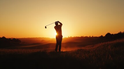 Silhouette of a male golfer swinging his club against a stunning sunset backdrop, capturing the essence of outdoor sports and tranquility.