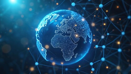 Blue globe with continents consisting of small dots surrounded by network of lines and nodes. Digital tech background concept of global internet connection.