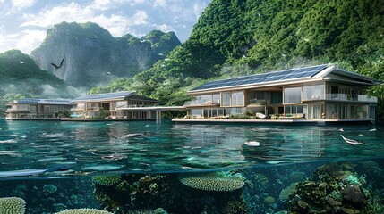 Naklejka premium Floating eco-homes on a tropical lagoon, sustainable design, tranquil scene