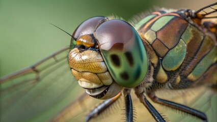 Macro View of a Dragonfly: a detailed macro shot, showcasing the complex eye structure of a dragonfly, its iridescent wings and segmented body, with the blurred background. 