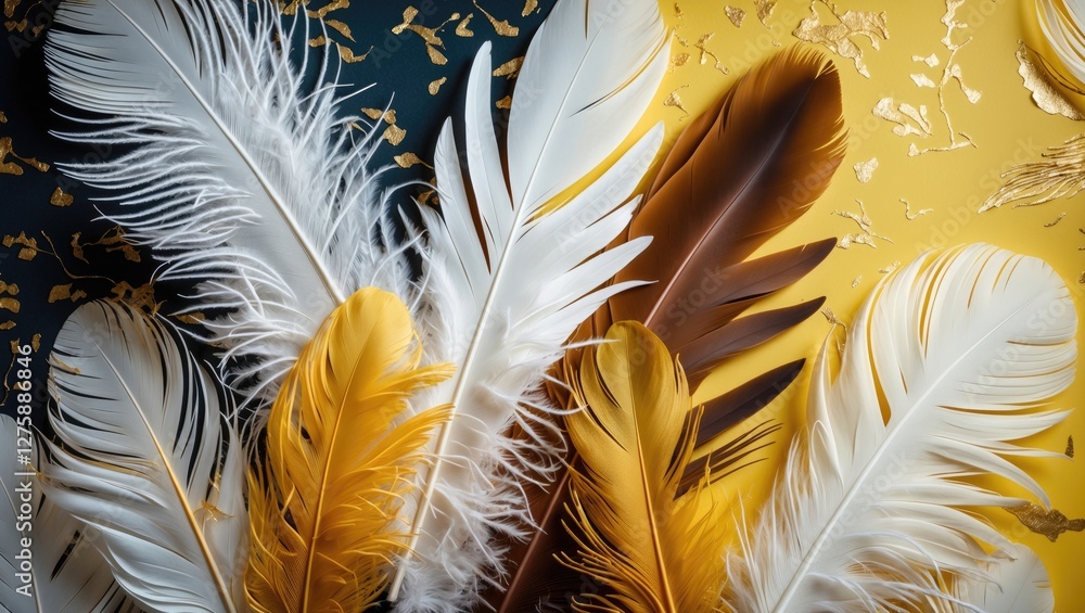 Poster colorful feathers display on dark yellow and white backgrounds creating a luxurious abstract texture