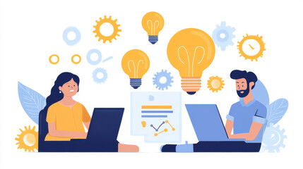 People work and do brainstorm in office. Concept of business idea, teamwork, team meeting. Vector doodle illustration of man and woman with laptop on workplace, light bulb and gears