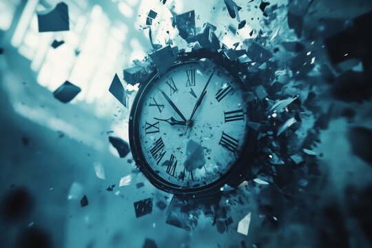 Exploding clock shattering into fragments against a blue backdrop.
