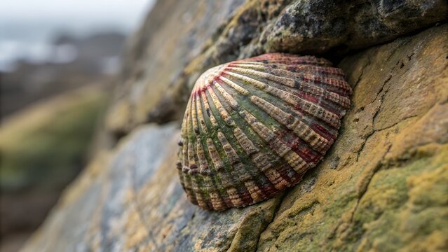 Coastal Treasure: A textured limpet shell, exhibiting a mesmerizing pattern and a symphony of colors, rests peacefully upon a rugged coastal rock, presenting a close-up of nature's artistry.