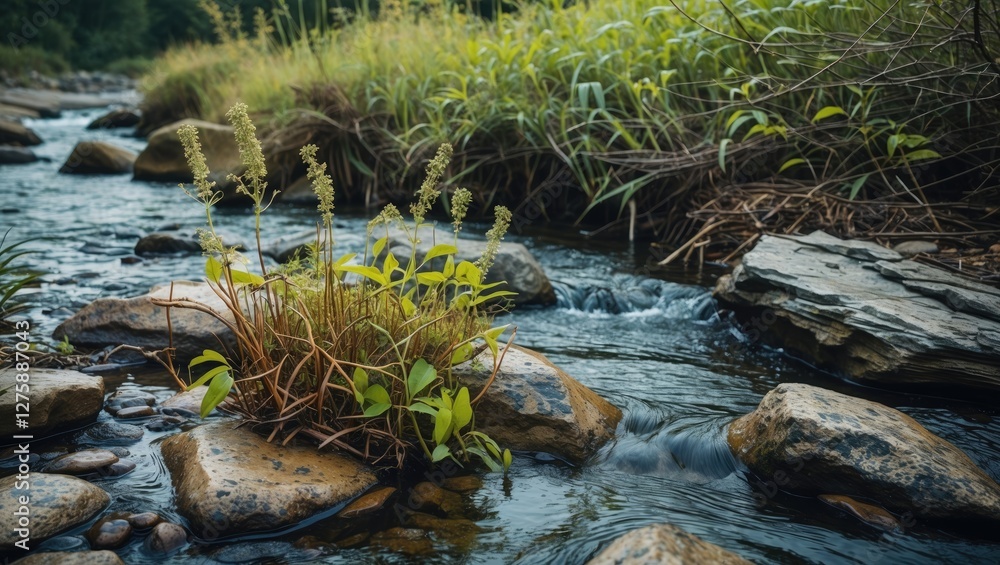 Poster lush stream surrounded by rocks and weeds with natural copy space for text or design elements