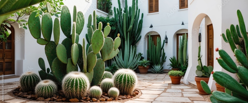 Poster stylish courtyard garden featuring large green cacti in a tropical setting with white architecture a